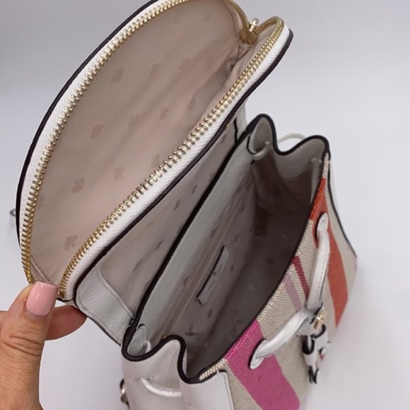 NWT Kate Spade1 - Leila Striped Canvas Pebble Leather Medium Flap Backpack8.4 - Picture 9 of 13